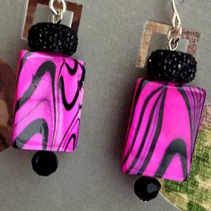 Genuine Mother of Pearl hot pink block stone bead earring